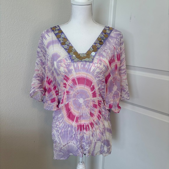 bebe Tops - Bebe Silk Tie Dye Sequin V-Neck Tunic Top Purple Pink Kimono Sleeve Large
